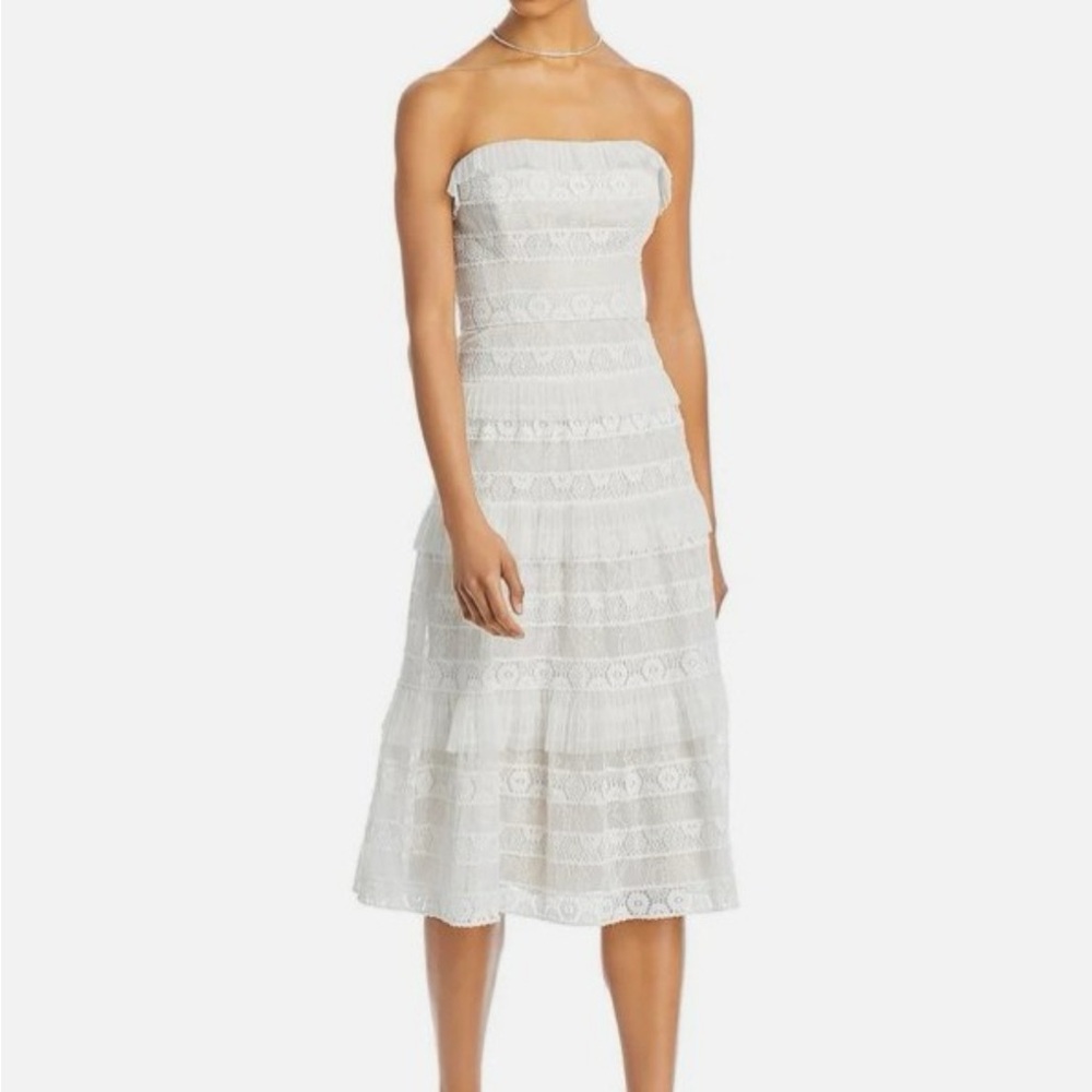 BCBGMaxAzria White Strapless Lace Midi Dress